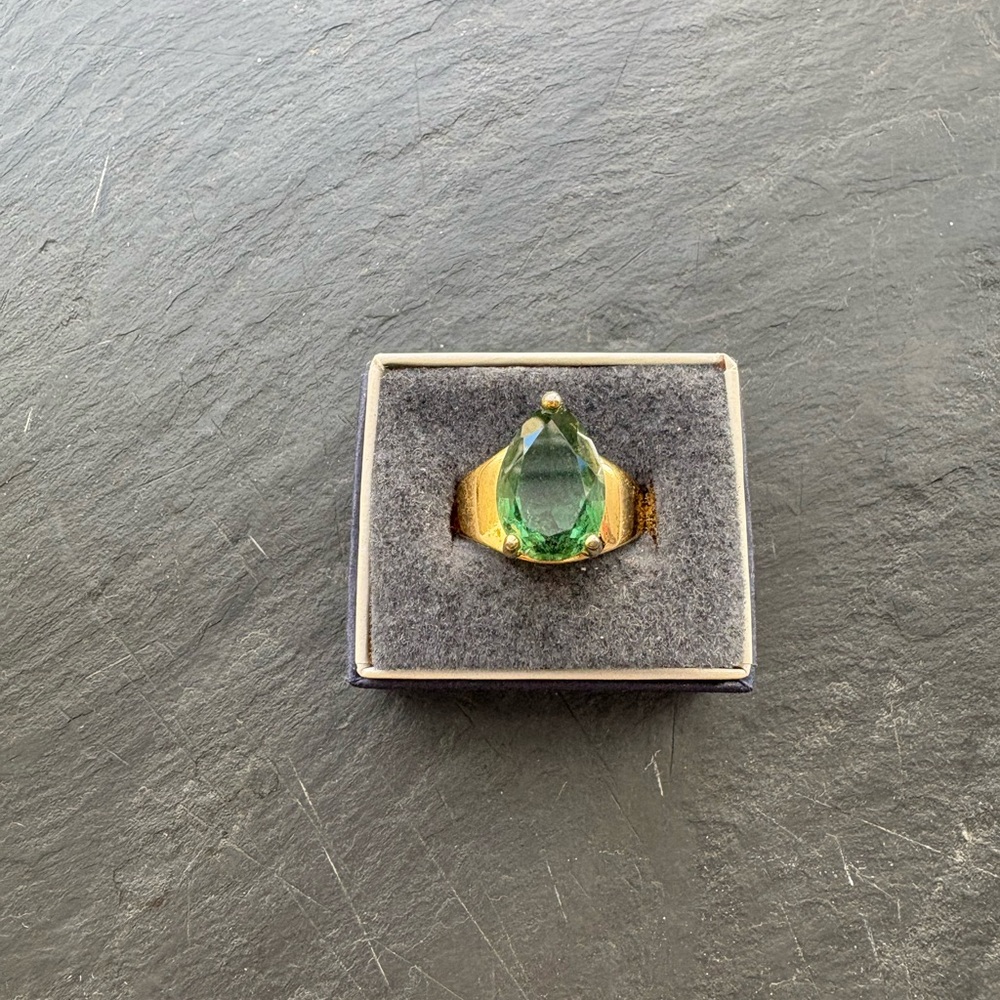 Green Topaz Teardrop Sterling Silver ring gold tone overlay, sz 9 preowned, JTV